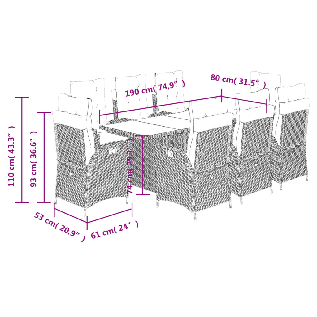 vidaXL 9-tlg. Garten-Essgruppe mit Kissen Grau Poly Rattan