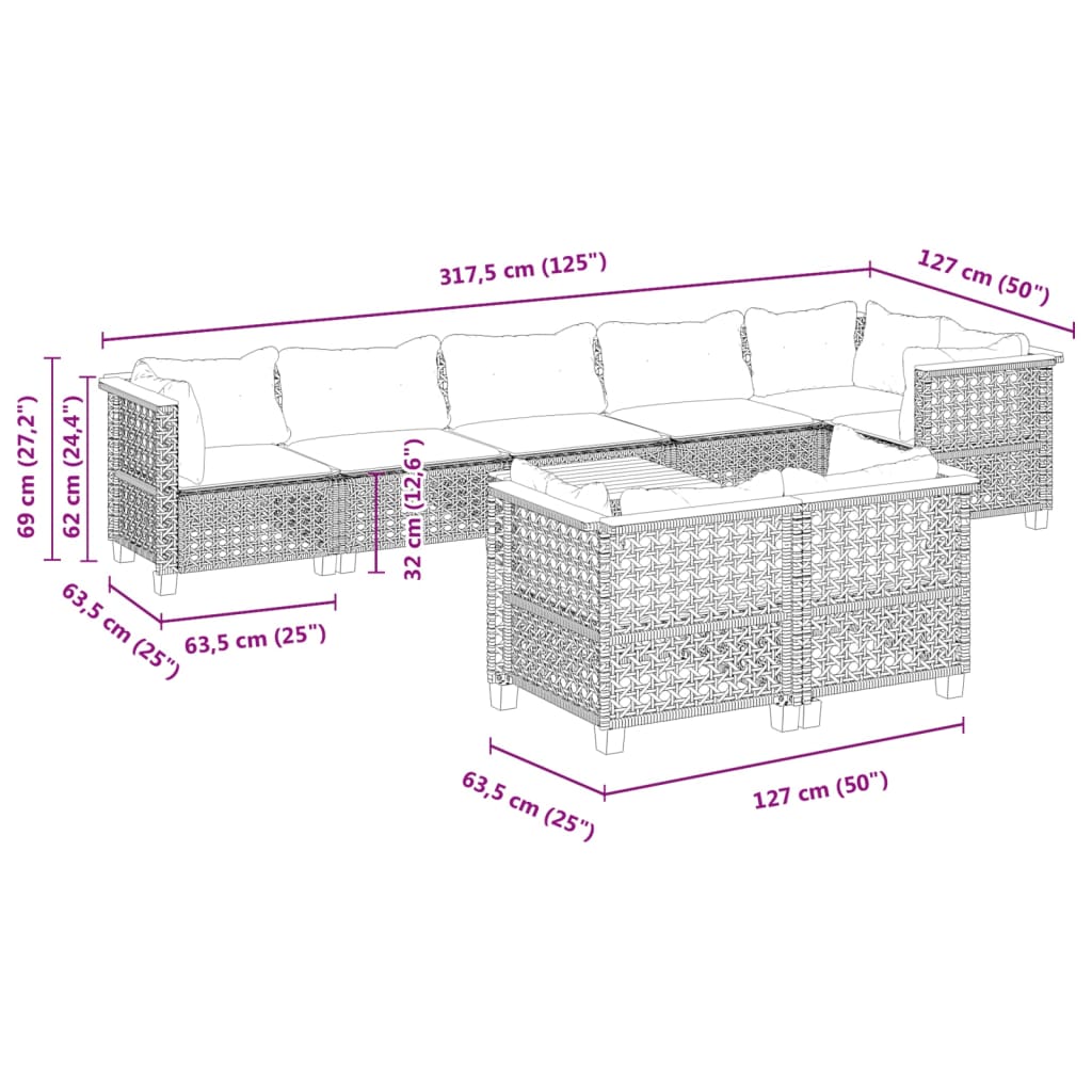 vidaXL 9-tlg. Garten-Sofagarnitur mit Kissen Schwarz Poly Rattan