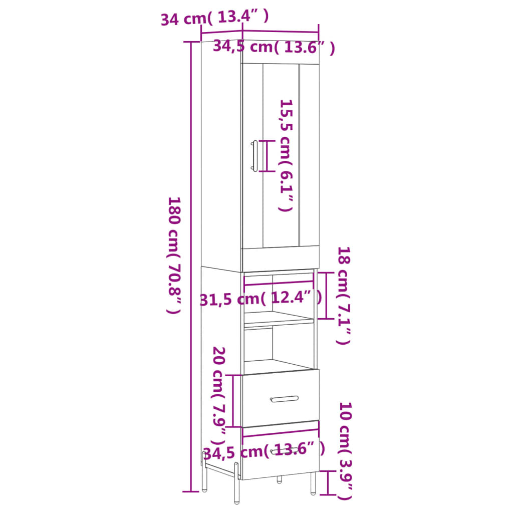 vidaXL Highboard Grau Sonoma 34,5x34x180 cm Holzwerkstoff