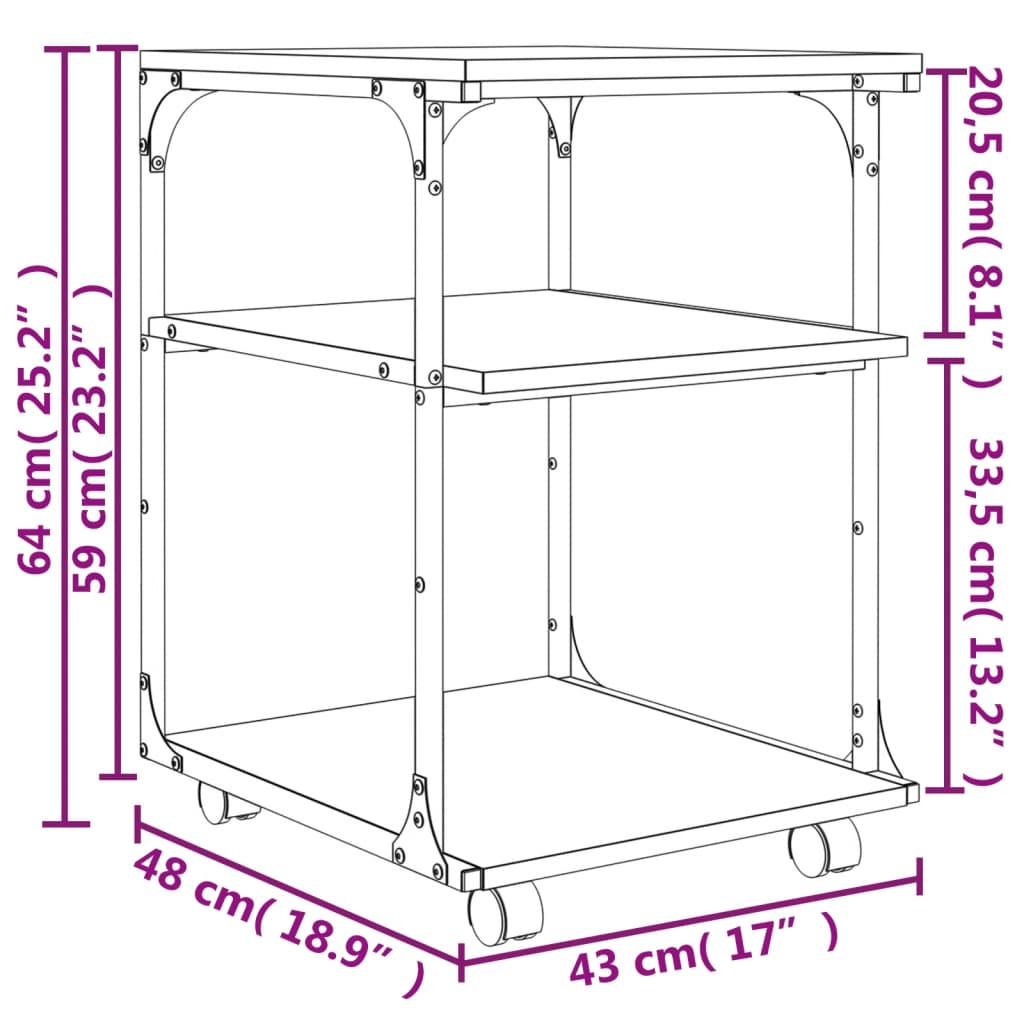 vidaXL Druckerständer 3 Ablagen Sonoma-Eiche 43x48x64 cm Holzwerkstoff