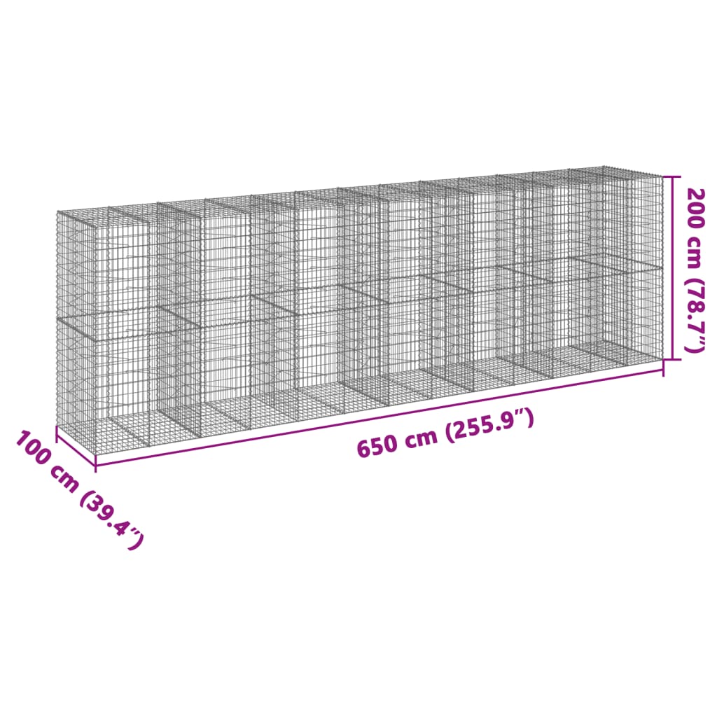 vidaXL Gabione mit Deckel 650x100x200 cm Verzinktes Eisen