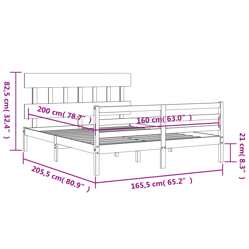 vidaXL Massivholzbett mit Kopfteil 160x200 cm