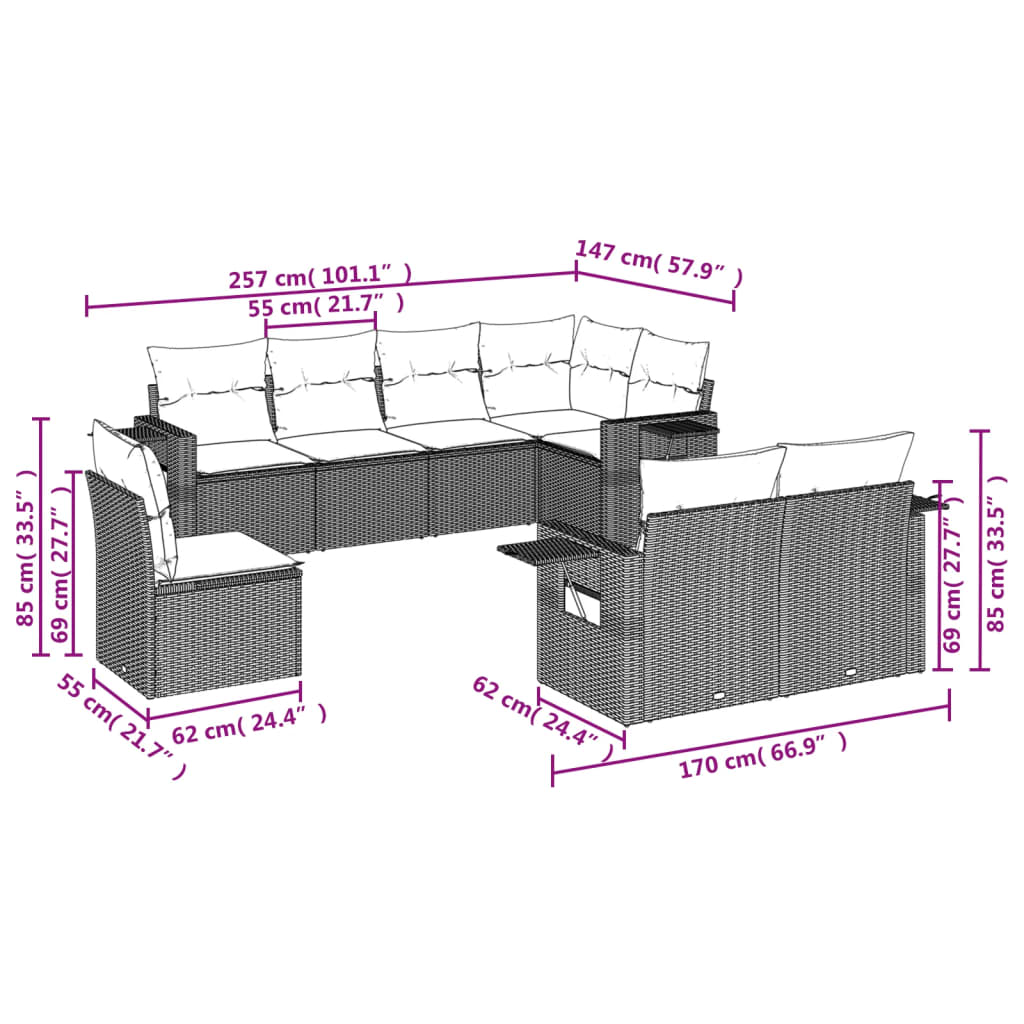 vidaXL 8-tlg. Garten-Sofagarnitur mit Kissen Beige Poly Rattan