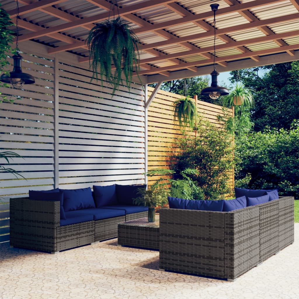 vidaXL 7-tlg. Garten-Lounge-Set mit Kissen Poly Rattan Grau