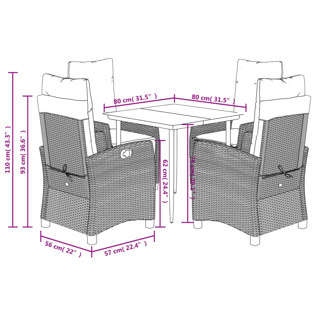 vidaXL 5-tlg. Garten-Essgruppe mit Kissen Braun Poly Rattan