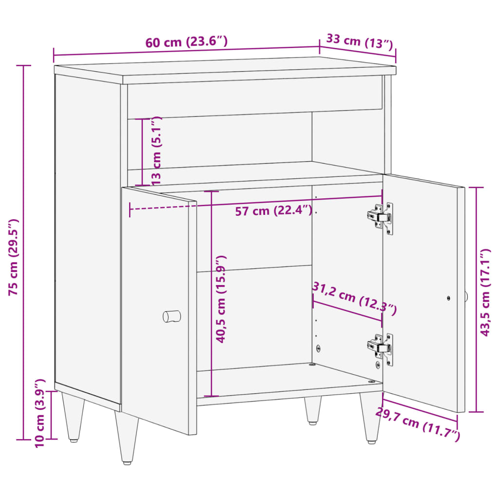 vidaXL Beistellschrank 60x33x75 cm Massivholz Mango