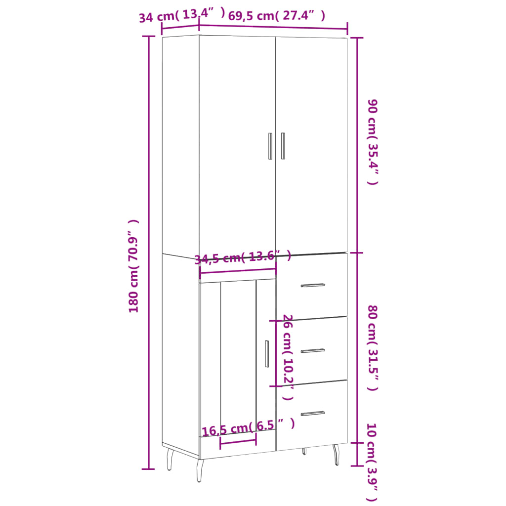 vidaXL Highboard Räuchereiche 69,5x34x180 cm Holzwerkstoff