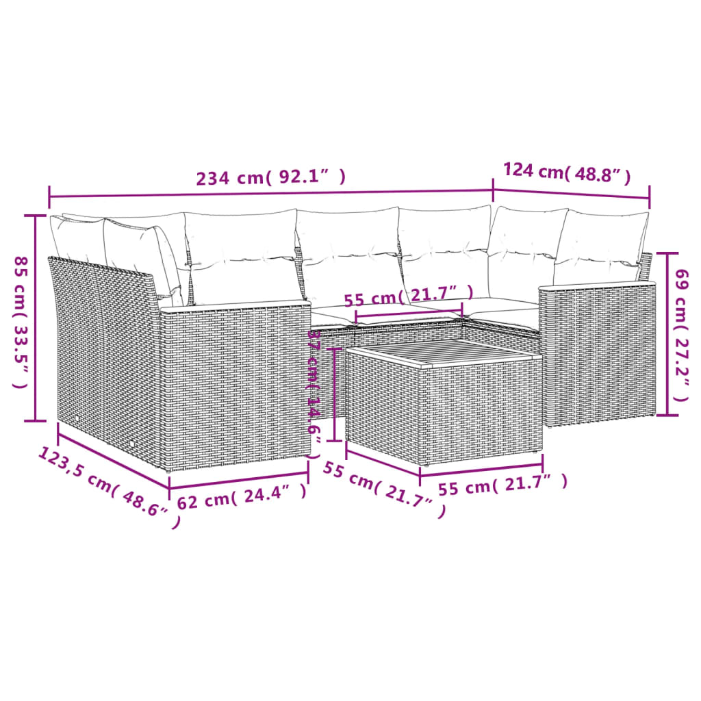 vidaXL 7-tlg. Garten-Sofagarnitur mit Kissen Schwarz Poly Rattan