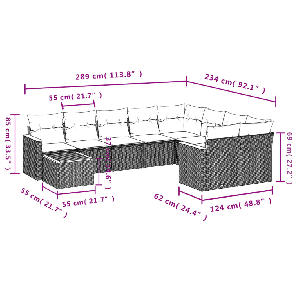 vidaXL 10-tlg. Garten-Sofagarnitur mit Kissen Beige Poly Rattan