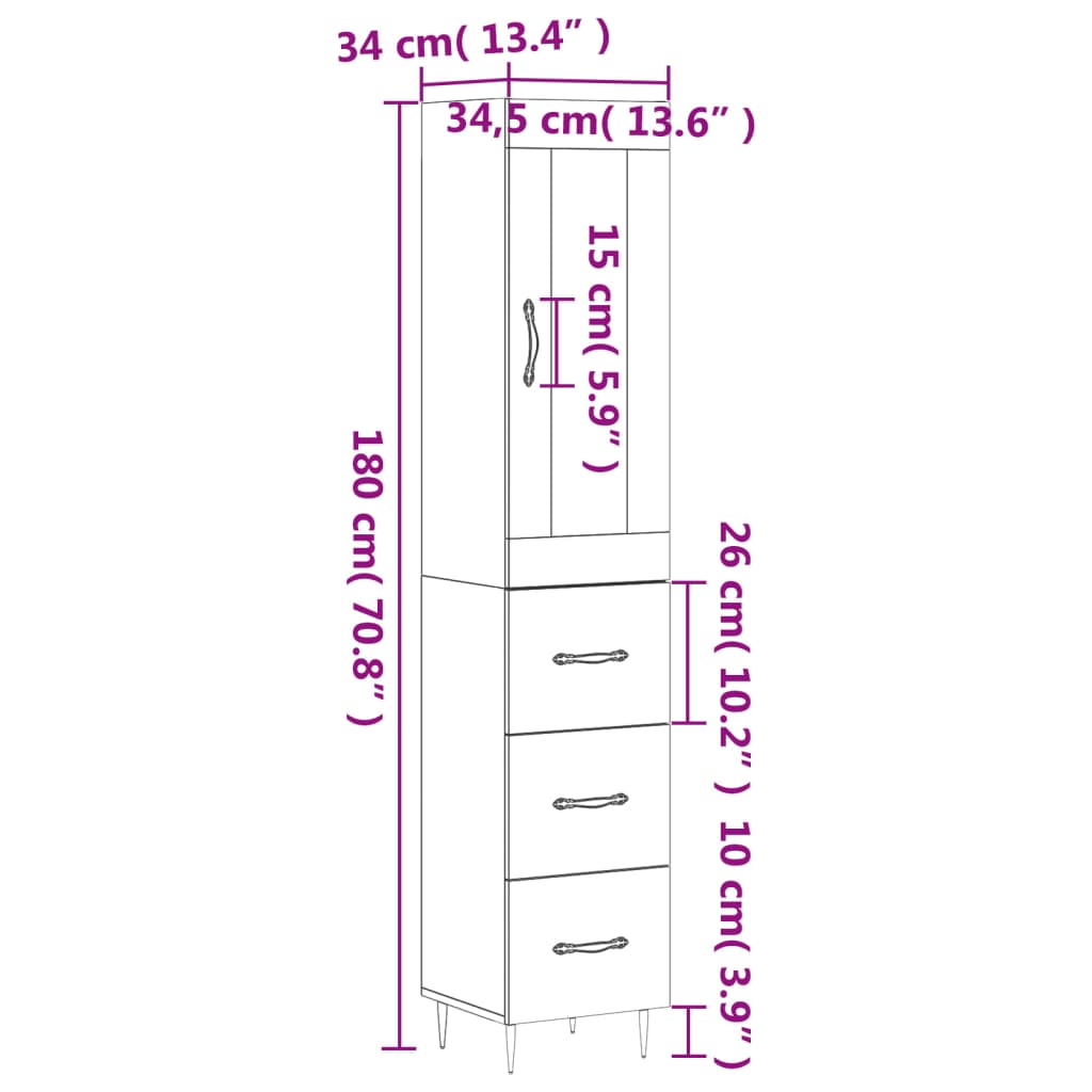 vidaXL Highboard Braun Eichen-Optik 34,5x34x180 cm Holzwerkstoff