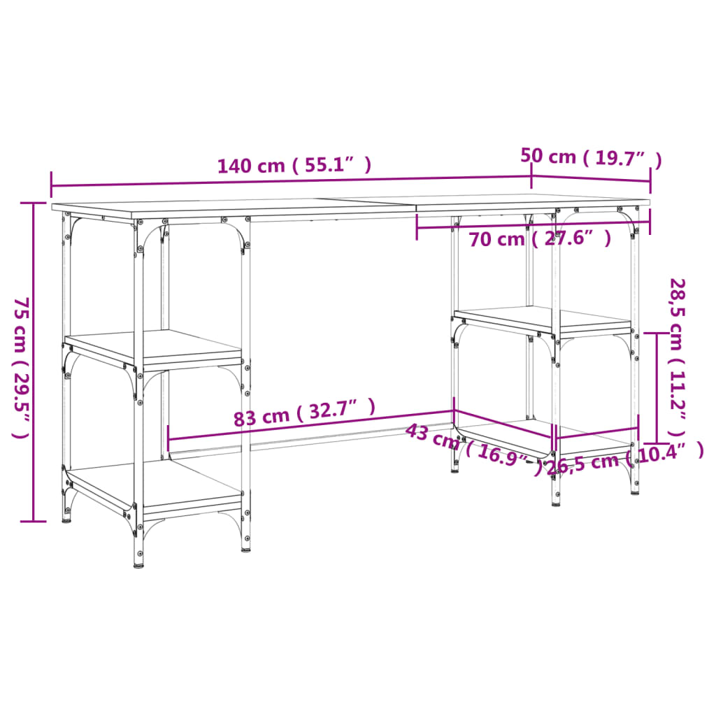 vidaXL Schreibtisch Sonoma-Eiche 140x50x75 cm Metall Holzwerkstoff