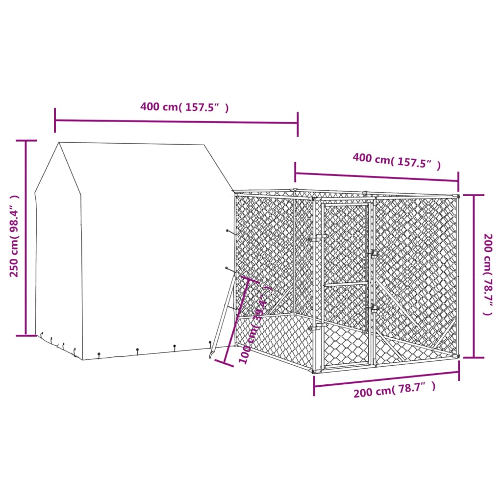 vidaXL Outdoor-Hundezwinger mit Dach Silbern 4x4x2,5m Verzinkter Stahl