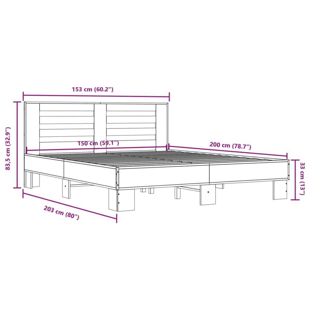 vidaXL Bettgestell Grau Sonoma 150x200 cm Holzwerkstoff und Metall