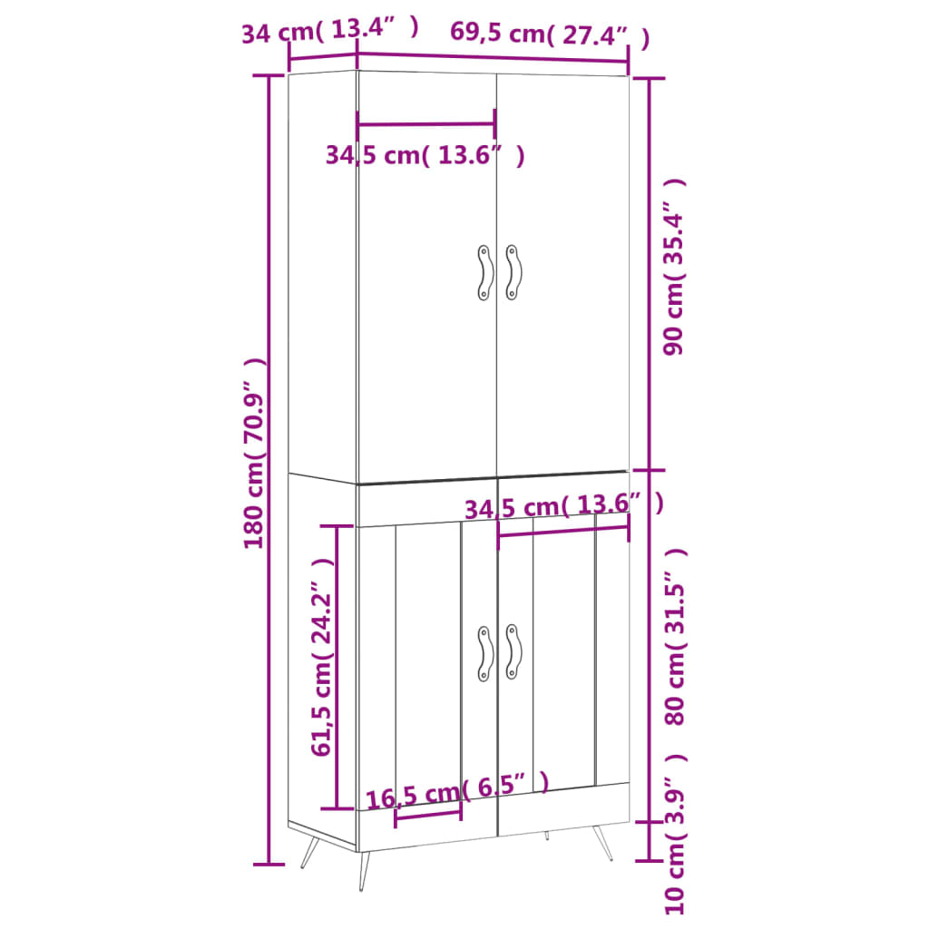 vidaXL Highboard Betongrau 69,5x34x180 cm Holzwerkstoff