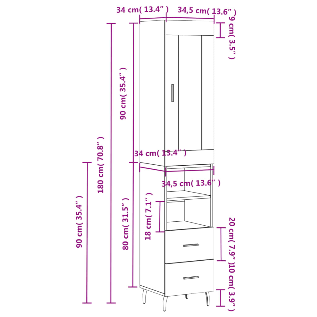 vidaXL Highboard Braun Eichen-Optik 34,5x34x180 cm Holzwerkstoff