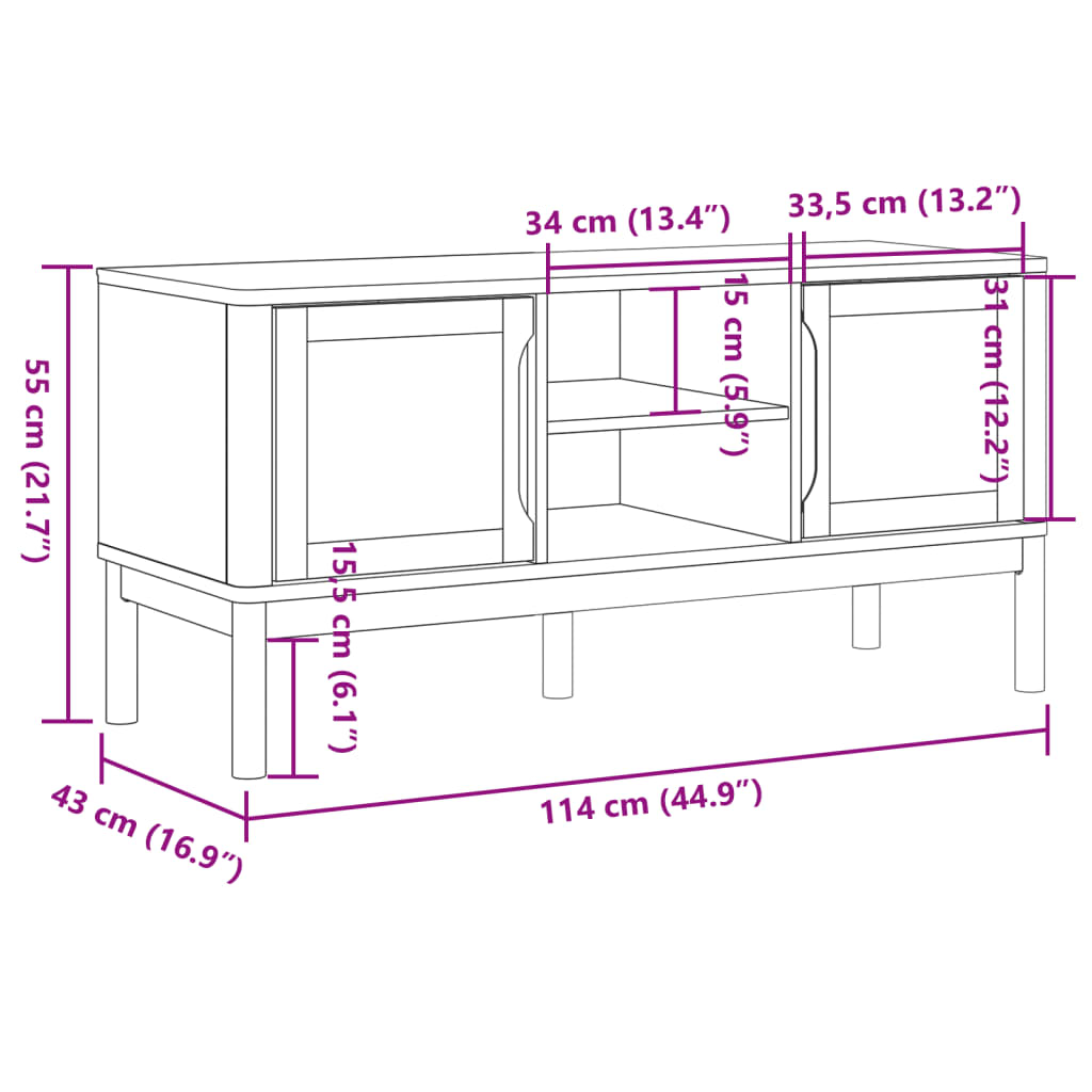 vidaXL TV-Schrank FLORO Weiß 114x43x55 cm Massivholz Kiefer