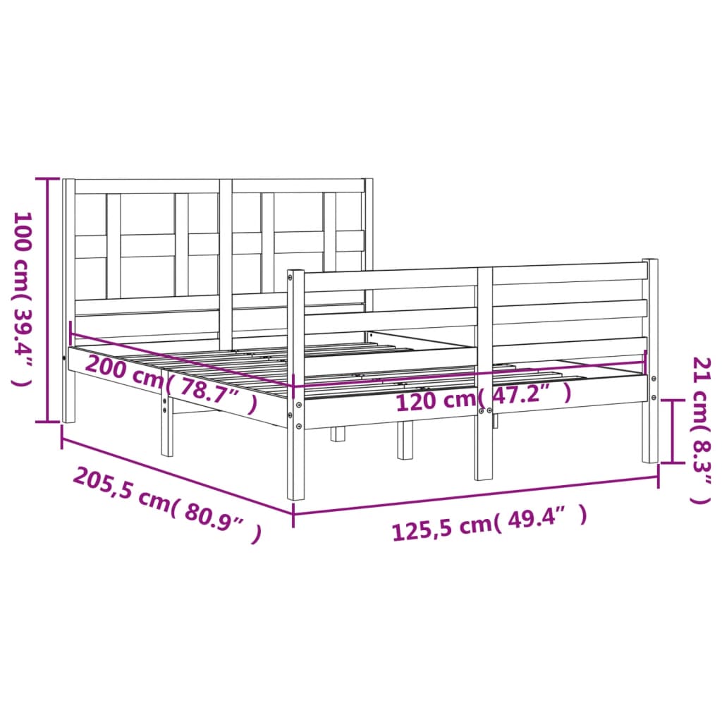 vidaXL Massivholzbett mit Kopfteil 120x200 cm