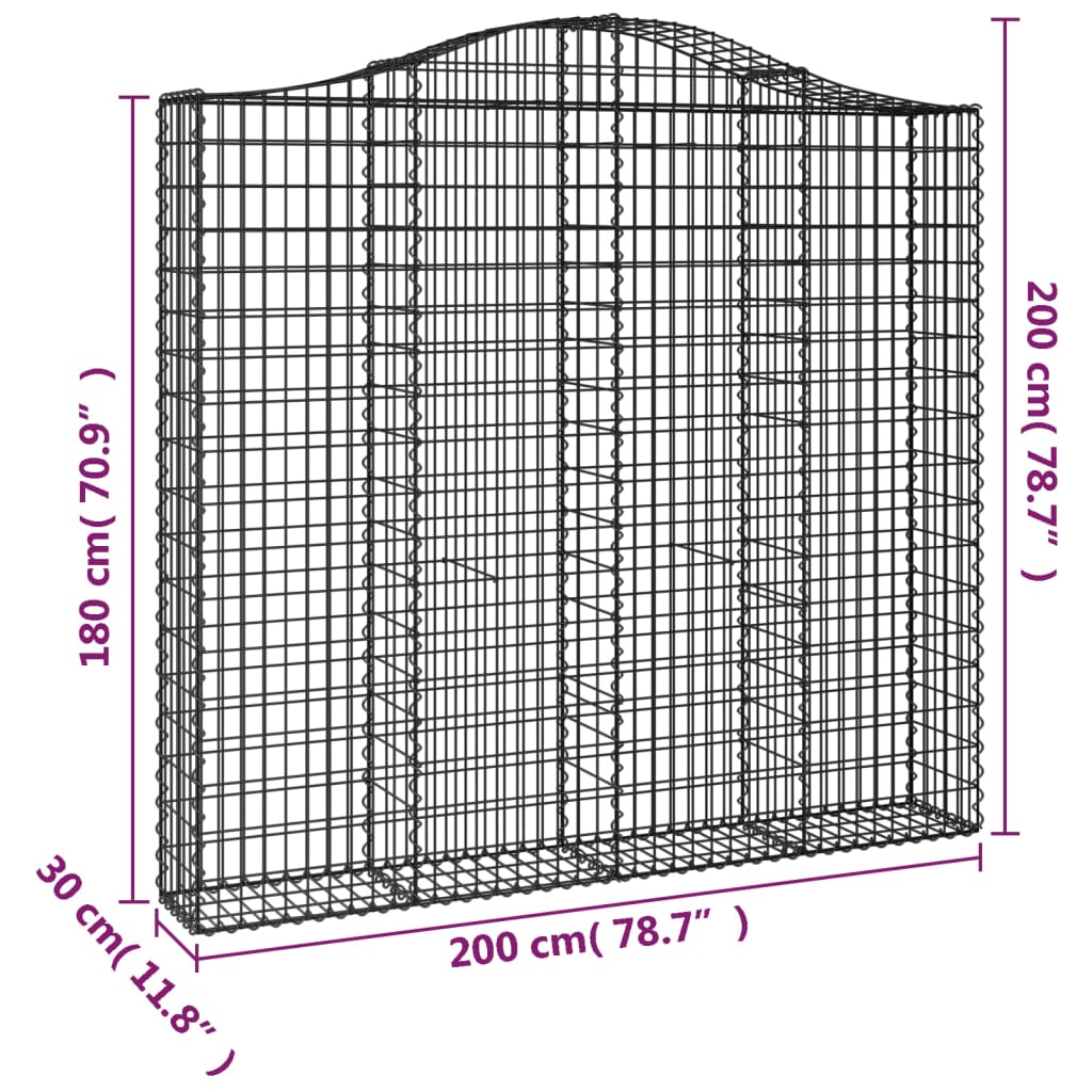 vidaXL Gabione mit Hochbogen 200x30x180/200 cm Verzinktes Eisen