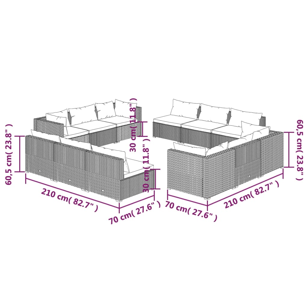 vidaXL 12-tlg. Garten-Lounge-Set mit Kissen Poly Rattan Schwarz