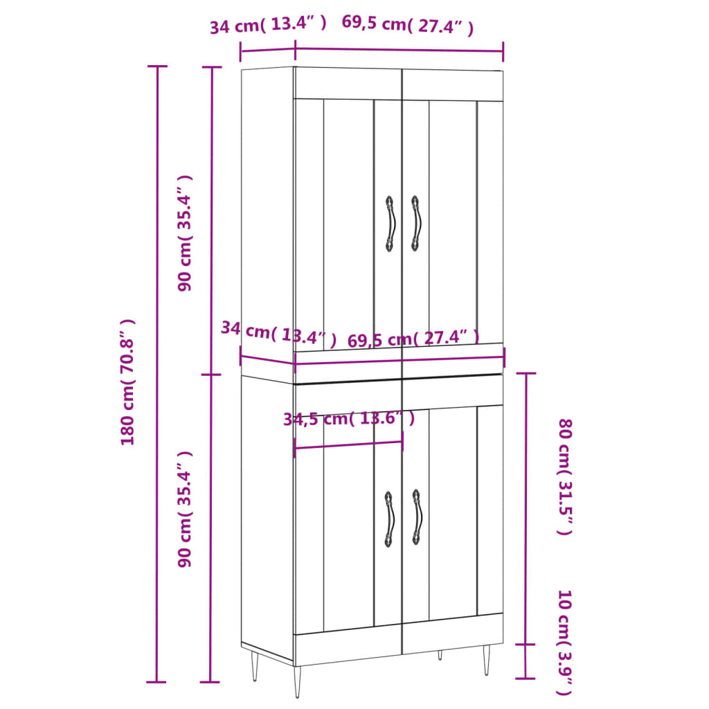 vidaXL Highboard Grau Sonoma 69,5x34x180 cm Holzwerkstoff