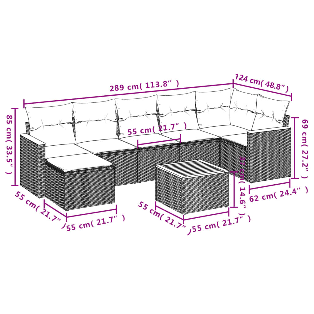 vidaXL 8-tlg. Garten-Sofagarnitur mit Kissen Beige Poly Rattan