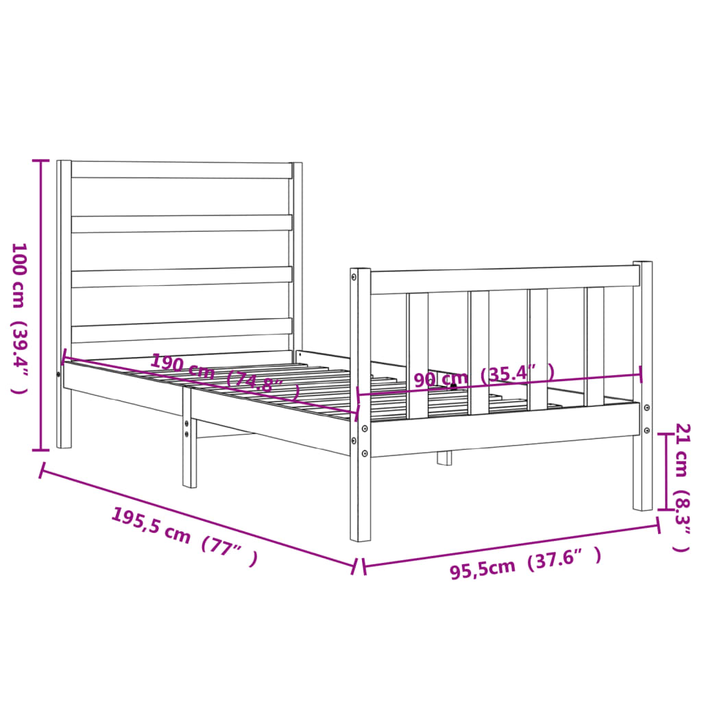 vidaXL Massivholzbett mit Kopfteil 90x190 cm