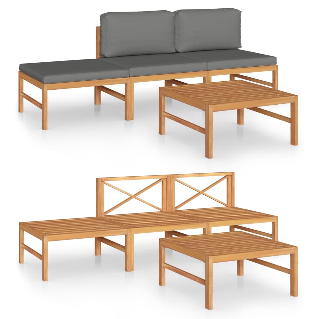 vidaXL 4-tlg. Garten-Lounge-Set mit Grauen Kissen Massivholz Teak