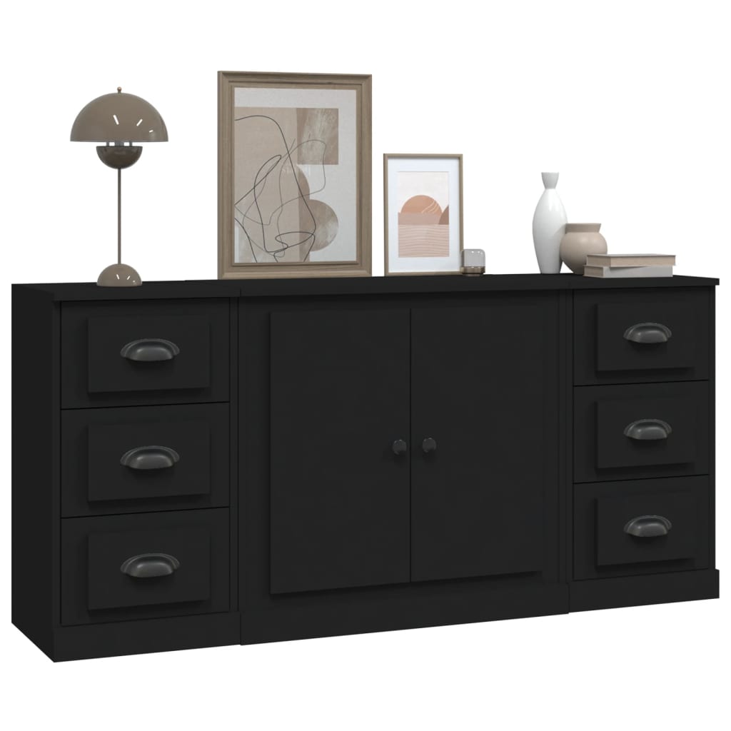 vidaXL Sideboards 3 Stk. Schwarz Holzwerkstoff