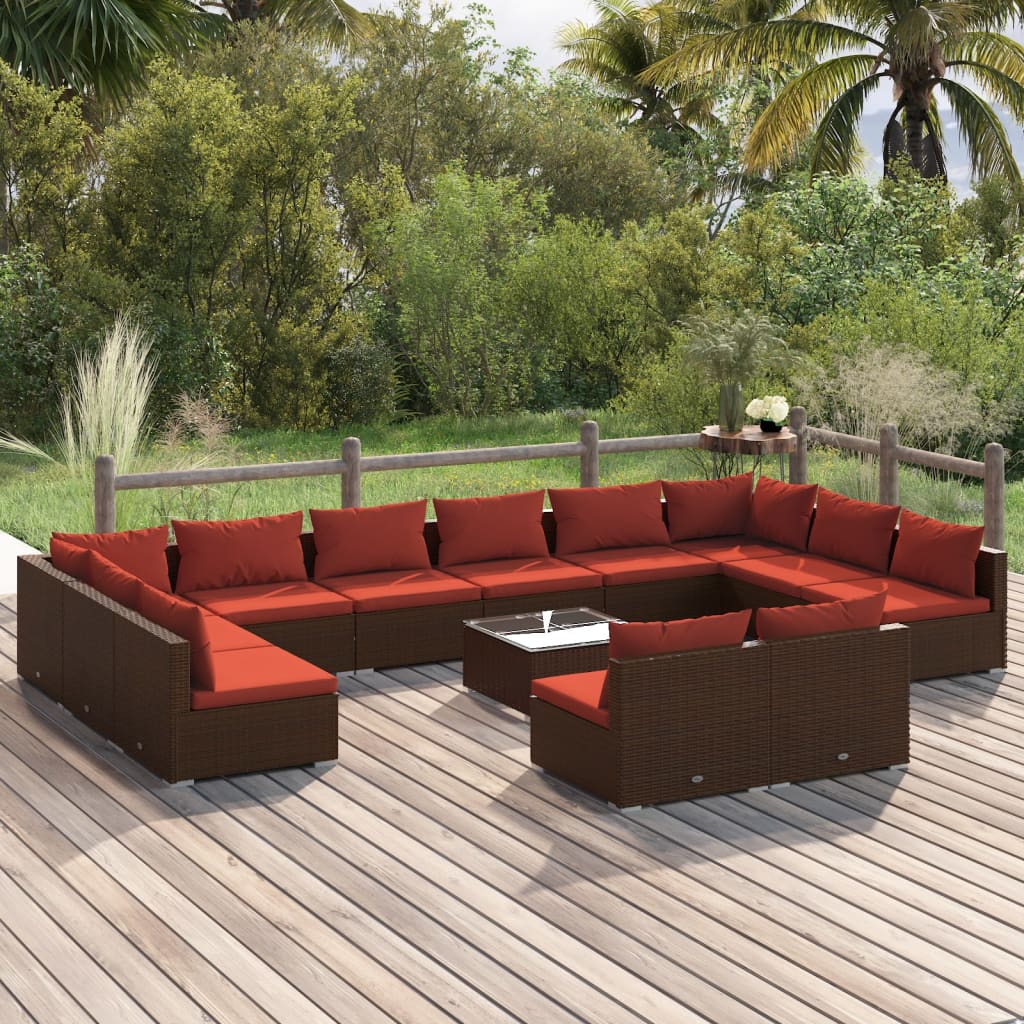 vidaXL 13-tlg. Garten-Lounge-Set mit Kissen Braun Poly Rattan