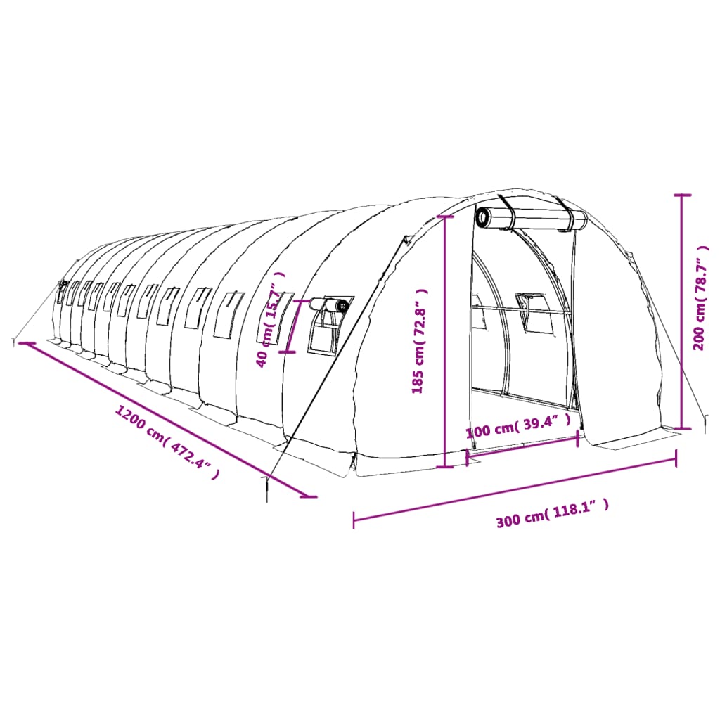 vidaXL Gewächshaus mit Stahlrahmen Weiß 36 m² 12x3x2 m