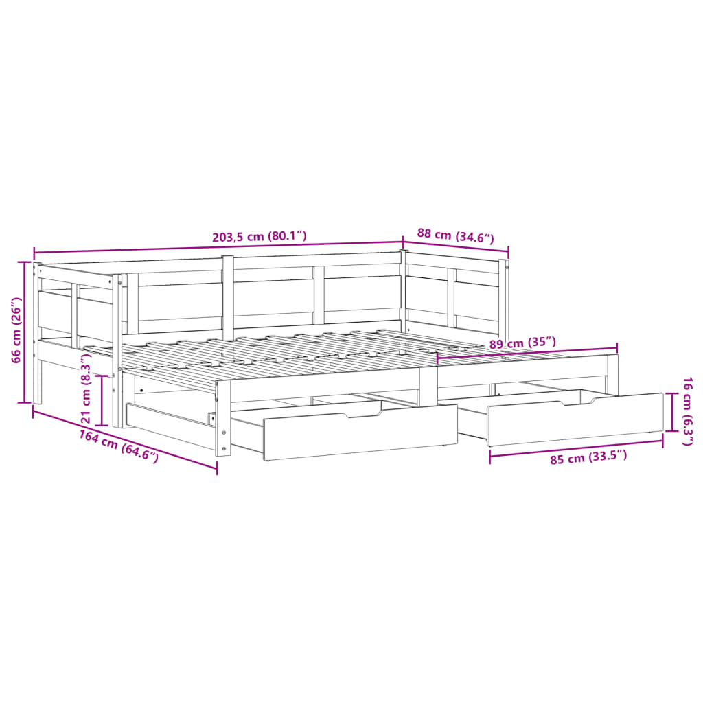 vidaXL Tagesbett Ausziehbar mit Schubladen Weiß 80x200 cm Kiefernholz