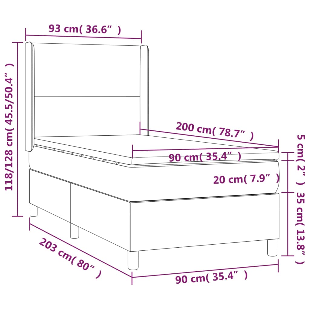 vidaXL Boxspringbett mit Matratze Dunkelgrau 90x200 cm Samt