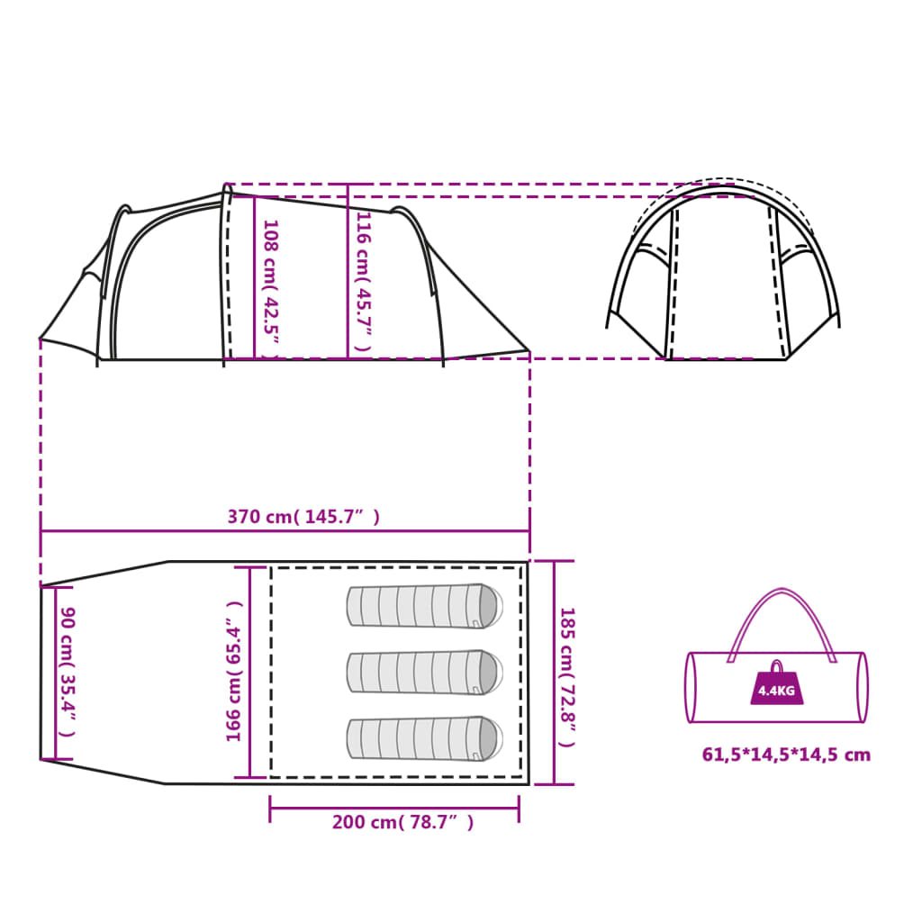 vidaXL Tunnel-Campingzelt 3 Personen Weiß Dunkel Wasserdicht