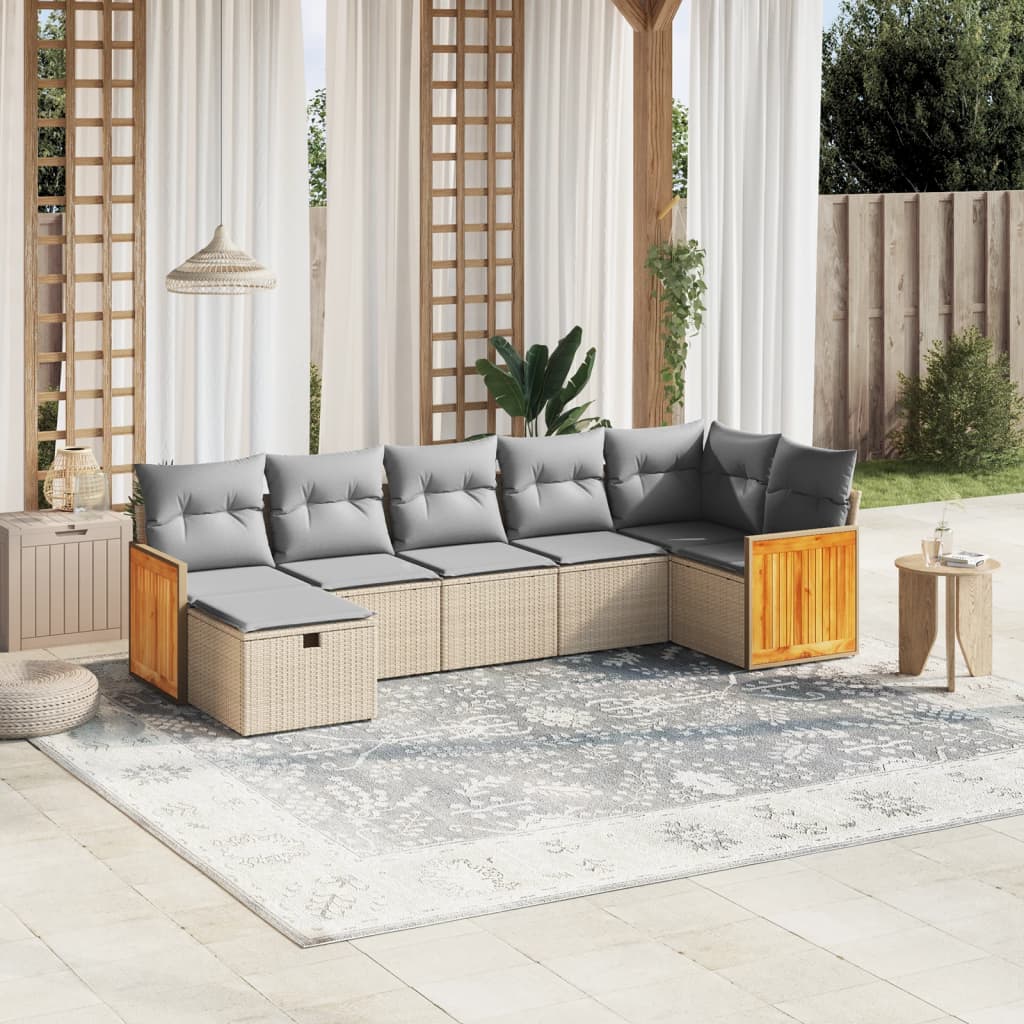 vidaXL 7-tlg. Garten-Sofagarnitur mit Kissen Beige Poly Rattan