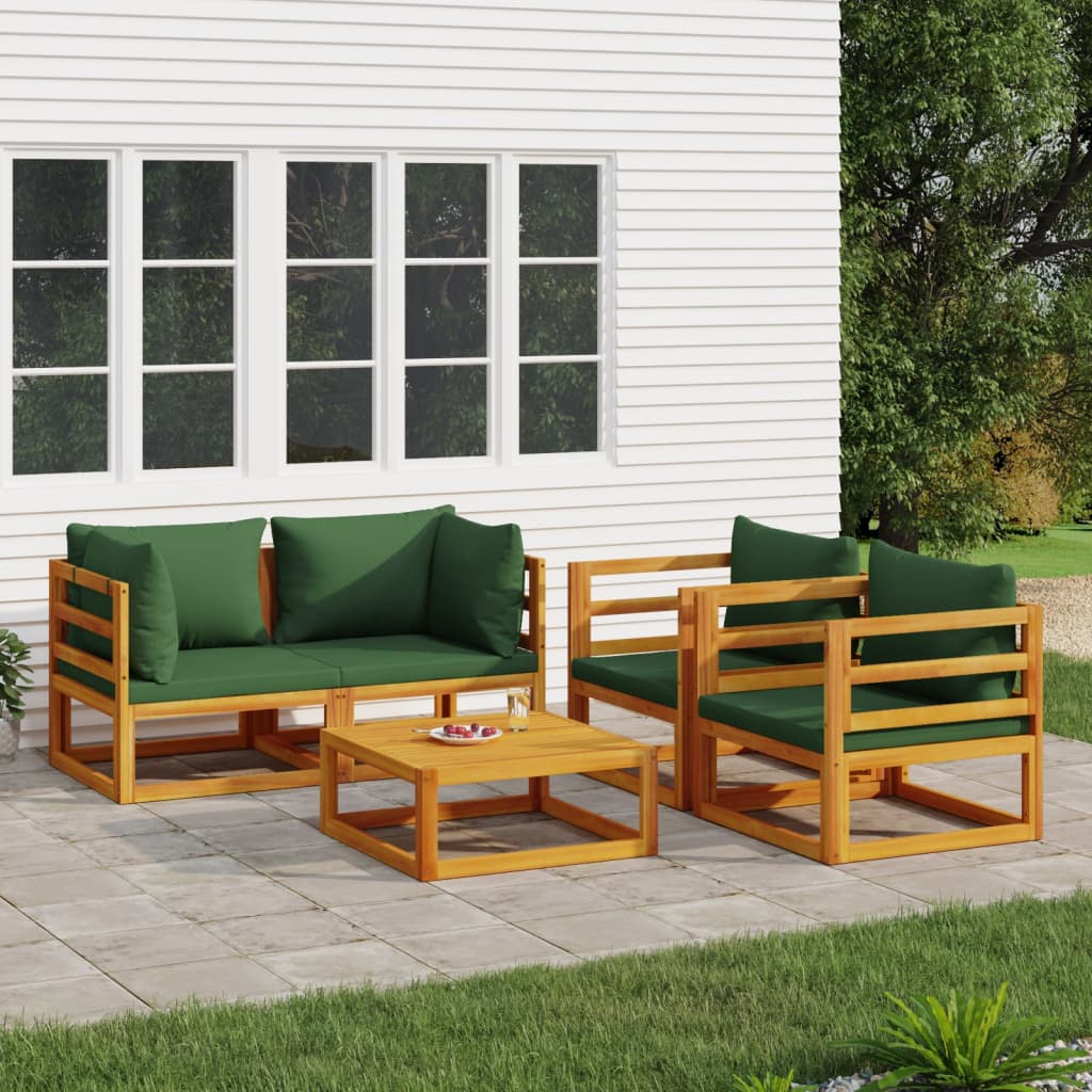 vidaXL 5-tlg. Garten-Lounge-Set mit Grünen Kissen Massivholz