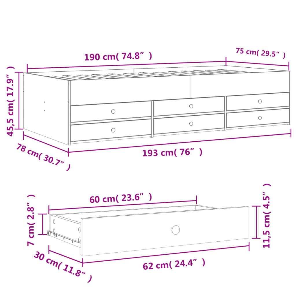 vidaXL Tagesbett mit Schubladen ohne Matratze Grau Sonoma 75x190 cm