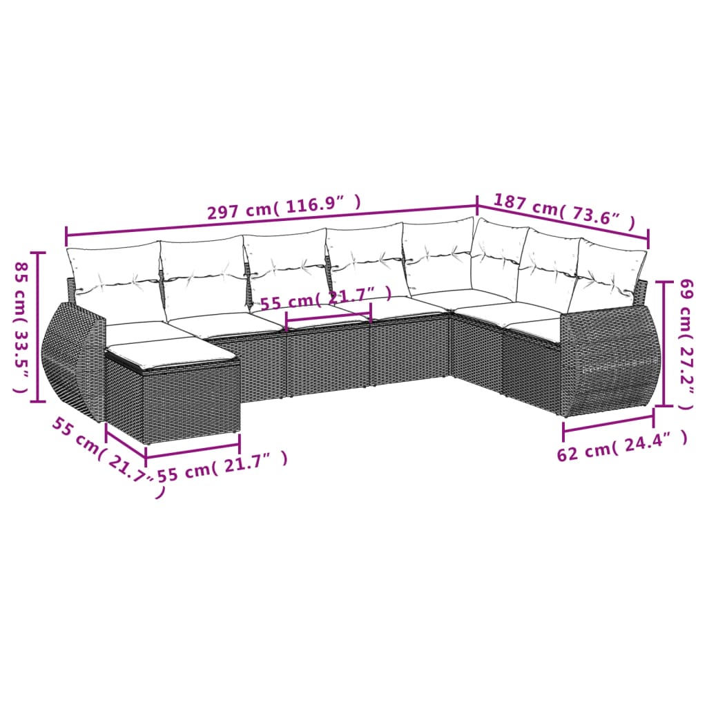 vidaXL 8-tlg. Garten-Sofagarnitur mit Kissen Schwarz Poly Rattan