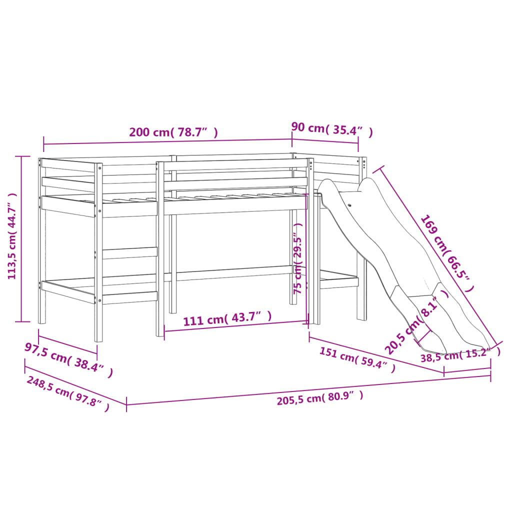 vidaXL Kinderhochbett mit Vorhängen Weiß Schwarz 90x200 cm Kiefernholz