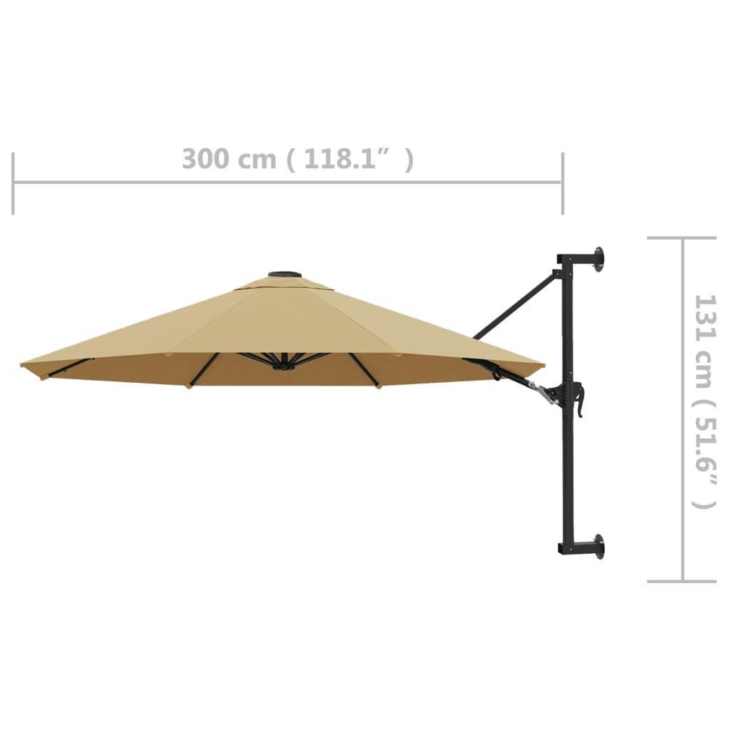 vidaXL Sonnenschirm zur Wandmontage mit Metall-Mast 300 cm Taupe