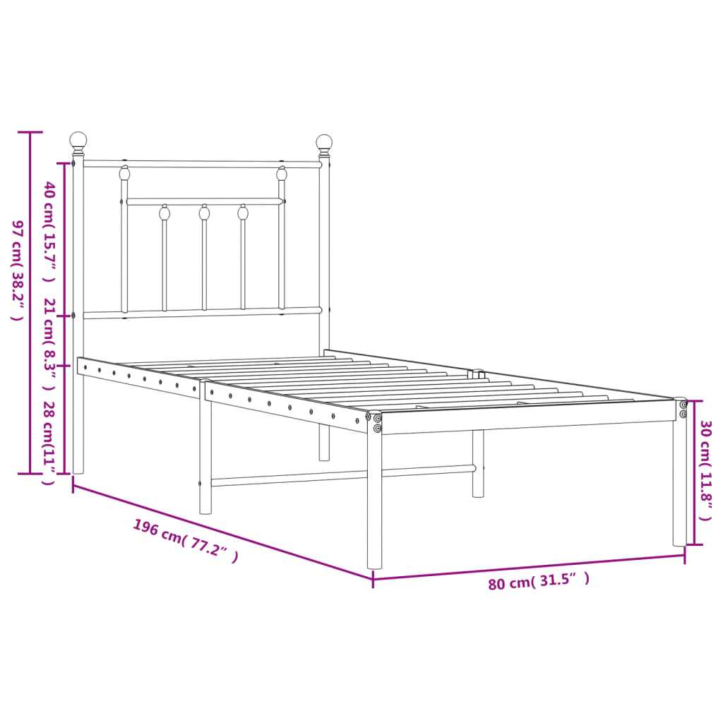 vidaXL Bettgestell mit Kopfteil Metall Schwarz 75x190 cm