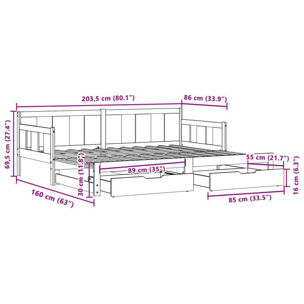 vidaXL Tagesbett Ausziehbar mit Schubladen Weiß 80x200 cm Kiefernholz