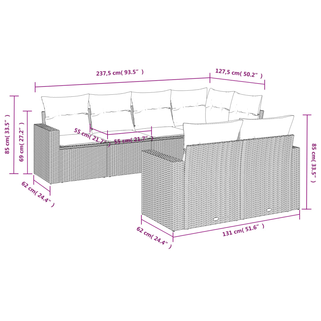 vidaXL 7-tlg. Garten-Sofagarnitur mit Kissen Schwarz Poly Rattan