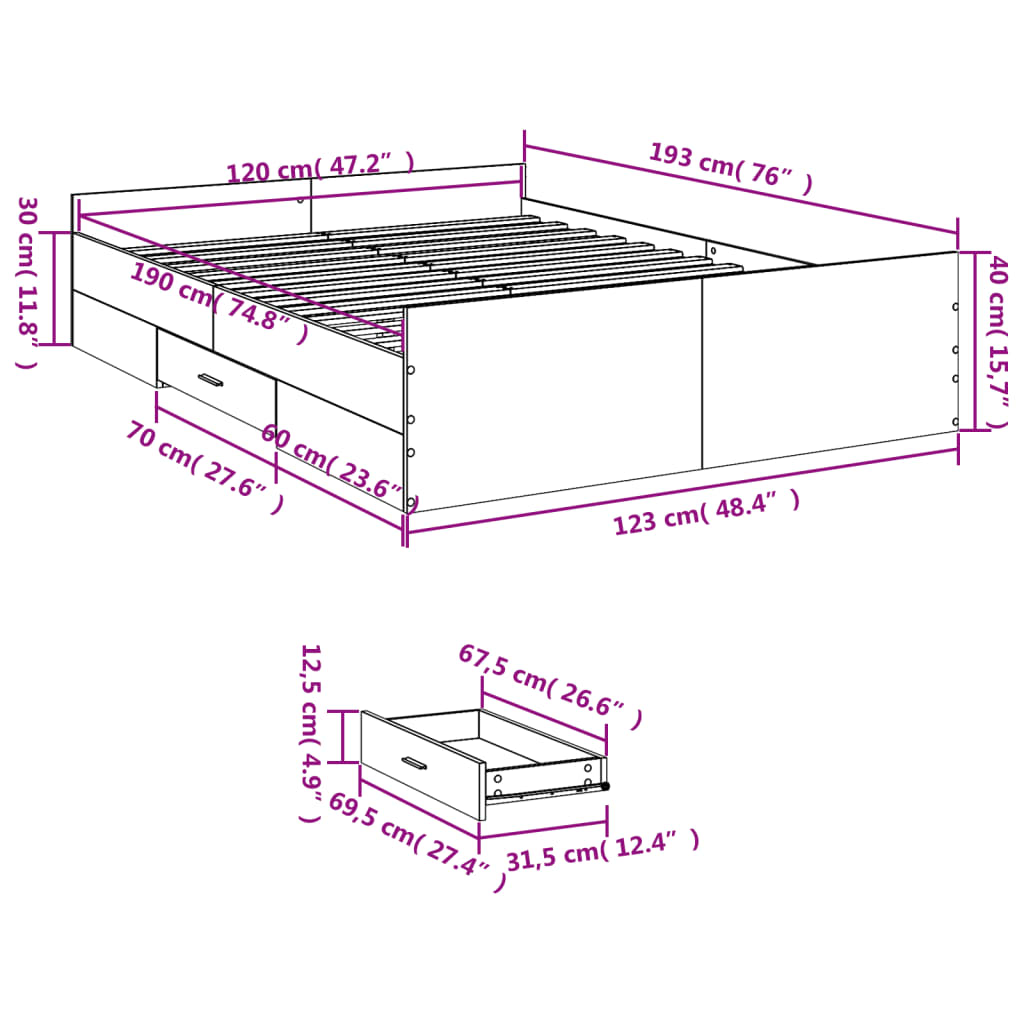 vidaXL Bettgestell mit Schubladen Sonoma-Eiche 120x190cm Holzwerkstoff