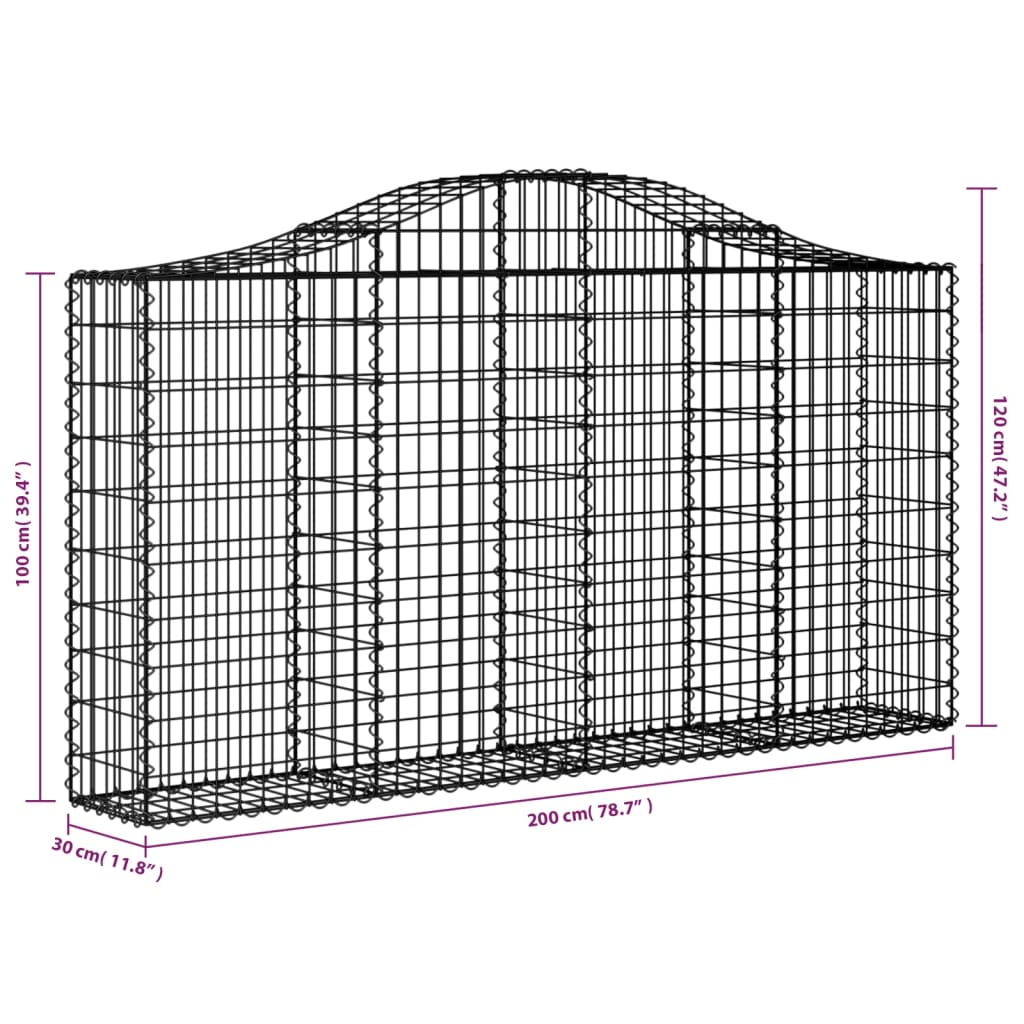 vidaXL Gabione mit Hochbogen 200x30x100/120 cm Verzinktes Eisen