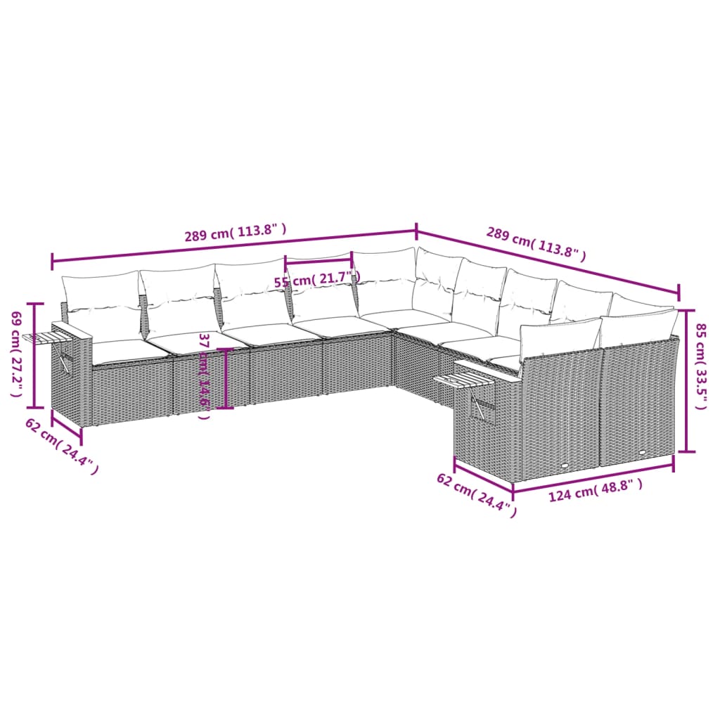 vidaXL 10-tlg. Garten-Sofagarnitur mit Kissen Beige Poly Rattan