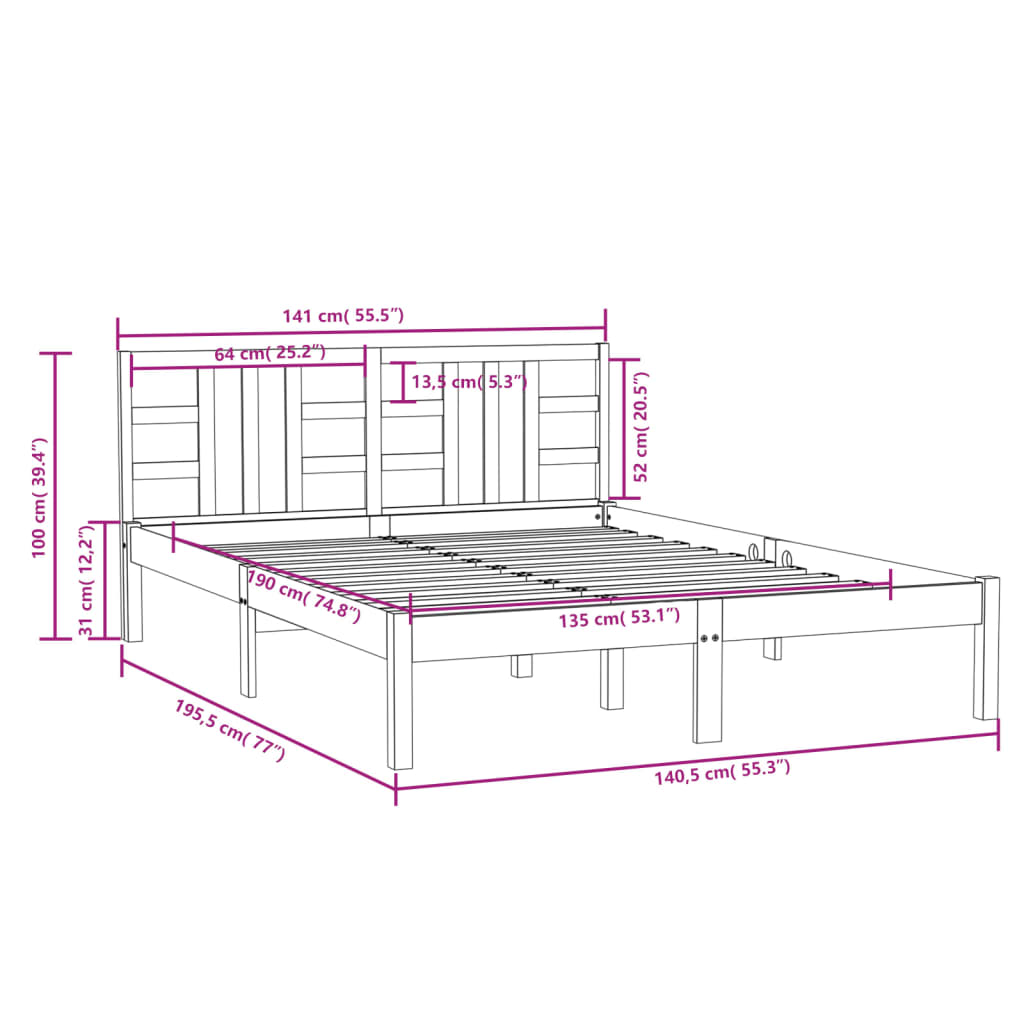 vidaXL Massivholzbett Schwarz 135x190 cm