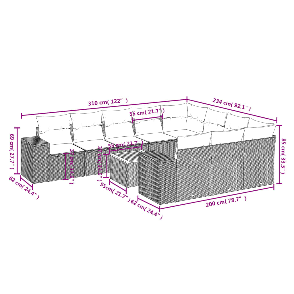 vidaXL 11-tlg. Garten-Sofagarnitur mit Kissen Beige Poly Rattan