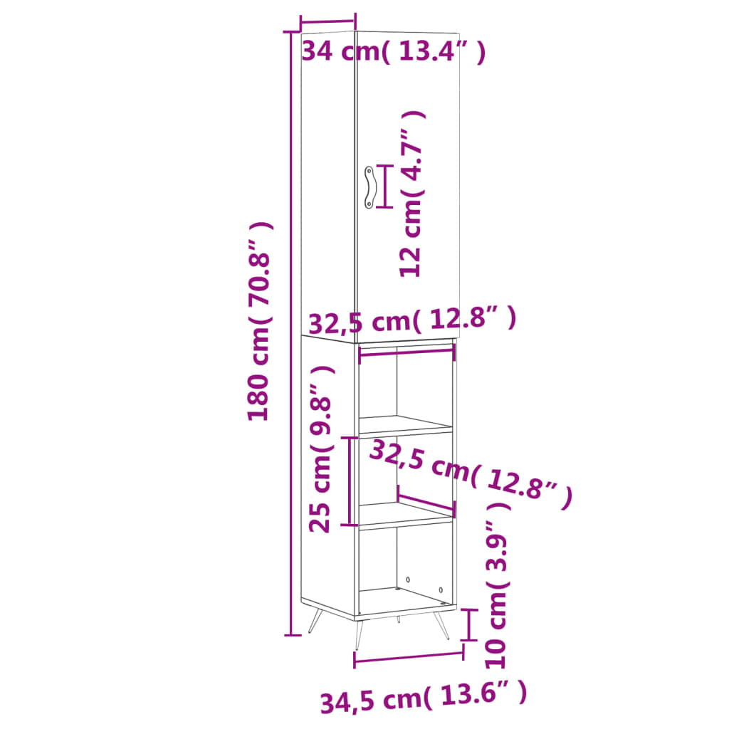 vidaXL Highboard Grau Sonoma 34,5x34x180 cm Holzwerkstoff