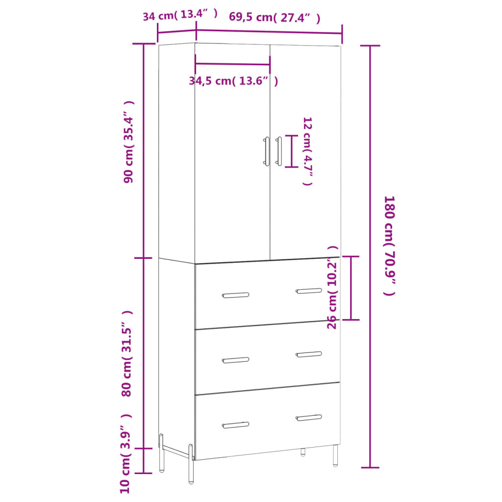 vidaXL Highboard Braun Eichen-Optik 69,5x34x180 cm Holzwerkstoff