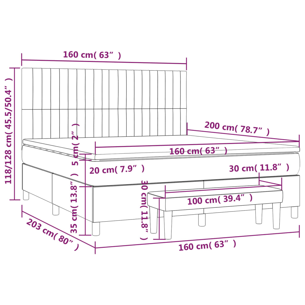 vidaXL Boxspringbett mit Matratze Dunkelgrau 160x200 cm Samt